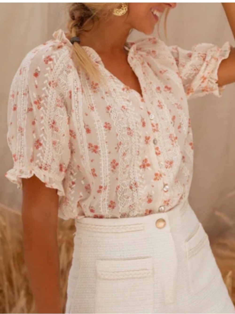 Easy Clothes Romantic Cottagecore Floral Lace Blouse Sz S/M Flowy